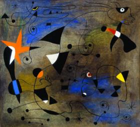Joan miro<br />
Woman and Birds, ca. 1940<br />
india ink, gouach, and oil wash on paper, 27.9 X 30.5<br />
B70.0195