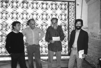 -Venezia,1984.Prove dell'opera del compositore contemporaneo Luigi Nono, Prometeo - Tragedia dell'ascolto:nella foto Massimo Cacciari, il pittore Emilio Vedova,il compositore Luigi Nono e il direttore d'orchestra Claudio Abbado durante le prove. musica compositore opera Prometeo contemporanea elettronica filosofia architettura pittura ritratto-Venice,1984. Work  Prometeo - Tragedia dell'ascolto directed by contemporary composer Luigi Nono: the philosopher Massimo Cacciari,the painter Emilio Vedova, the composer Luigi Nono and Claudio Abbado, condcutor © Graziano Arici