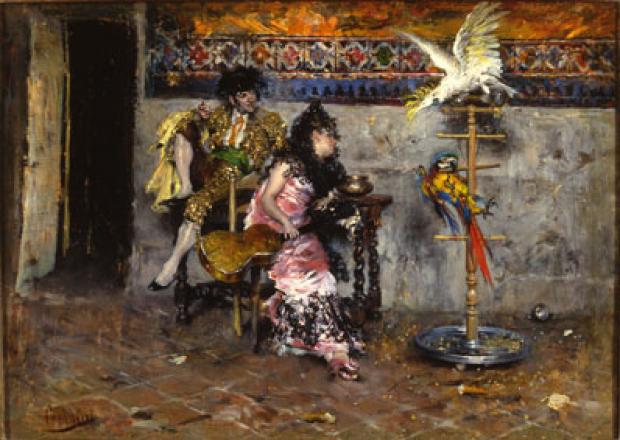 Il Matador, Coppia in abiti spagnoli con due pappagalli, dipinto. 2 dia 6x7 (B01.03.11-12), 2 negativi 6x7 striscia (B02.02.04), stampa 18x24 bianco e nero (G01.14.01), carige